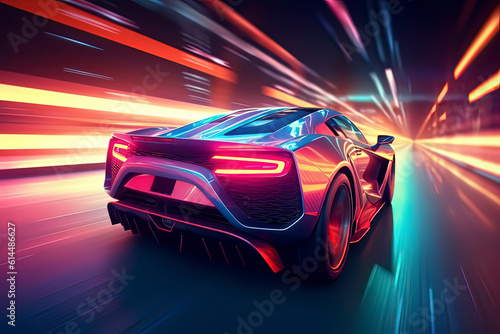Fotografie, Tablou A high-speed sports car driving at night