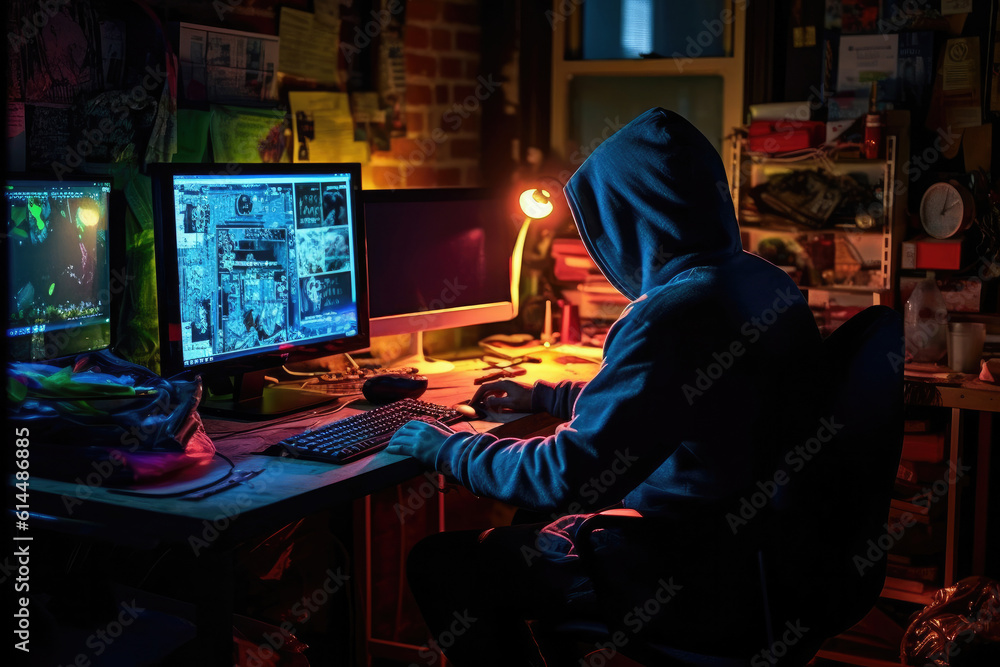 Hackers often work in low-light rooms to cover their faces. And obscure action. The hacker works in a room with fluorescent tubes Hackers often work in low-light rooms to cover their faces. And obscure action. The hacker works in a room with fluorescent tubes