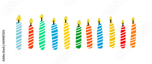 Set of cute birthday candles with flame. Striped candles hand drawn vector illustration.
