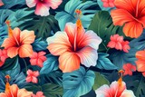 Illustration of tropical Hibiscus flowers and leaves creating a lush background - created with Generative AI technology