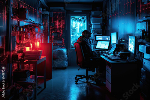 Hackers often work in low-light rooms to cover their faces. And obscure action. The hacker works in a room with fluorescent tubes