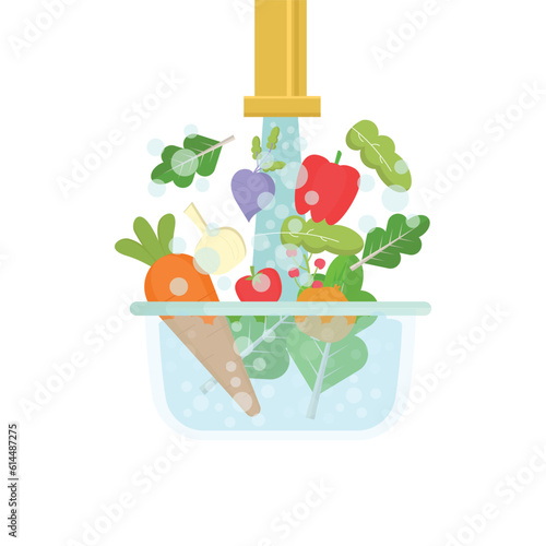 Wash fresh vegetables for cooking. Clean vegetables under water in bowl. Healthy food. Vector illustration.
