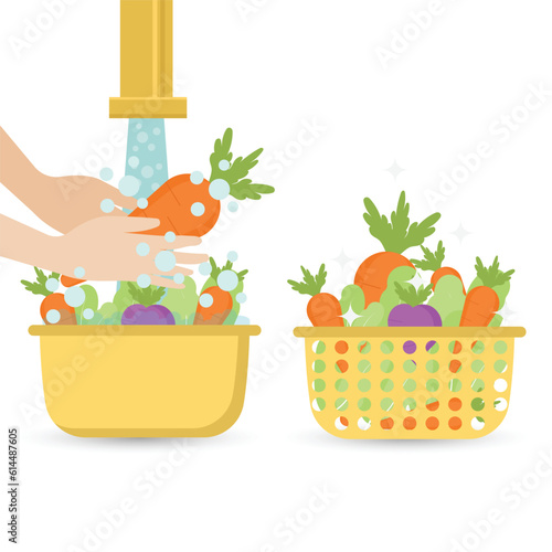 Wash fresh vegetables for cooking. Clean vegetables under water in bowl. Healthy food. Vector illustration.