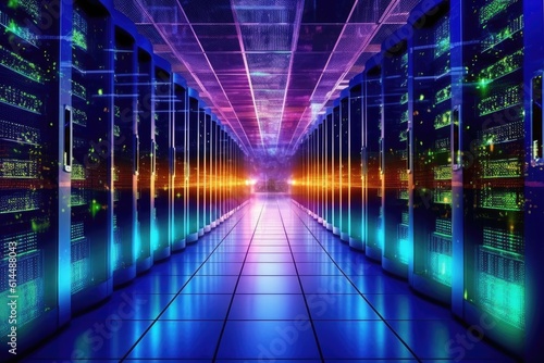 A close - up photo of a corridor in a busy data center. The image features a multitude of rack servers and supercomputers filling the frame. Generative AI