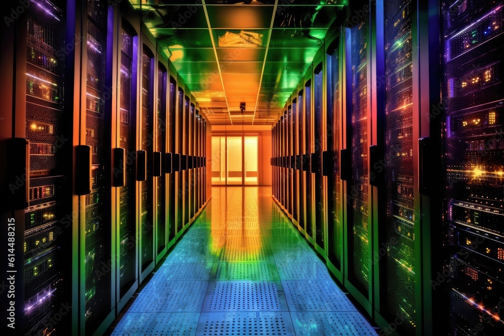A close - up photo of a corridor in a busy data center. The image features a multitude of rack servers and supercomputers filling the frame. Generative AI A close - up photo of a corridor in a busy data center. The image features a multitude of rack servers and supercomputers filling the frame. Generative AI