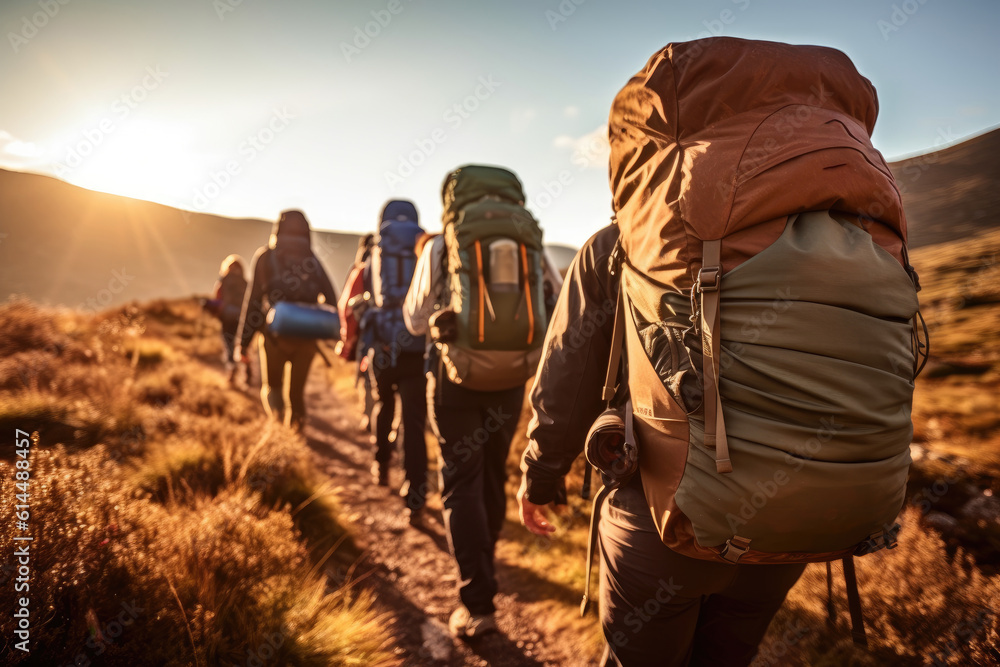 A close - up photo of a group of hiker tourists walking along a mountain ridge at sunset. Generative AI A close - up photo of a group of hiker tourists walking along a mountain ridge at sunset. Generative AI