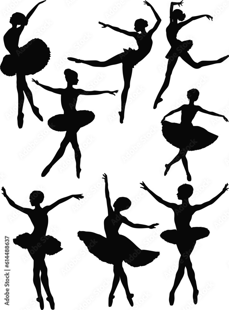 ballet dancer eight silhouettes isolated on white