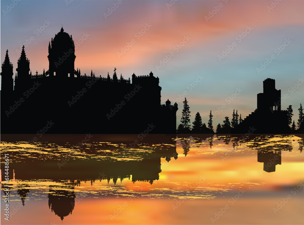 castle and reflection at orange sunset