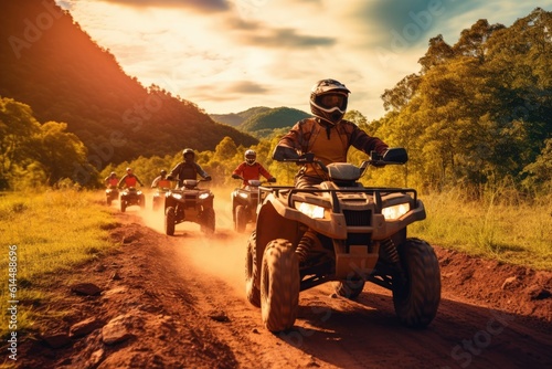 A close - up photo of a group of people riding ATV vehicles on an off - road track during a touristic adventure. Generative AI