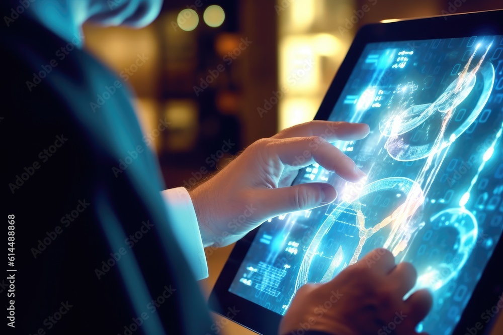 A close - up photo of a medicine doctor in a clinical setting, focused on a tablet in their hands. Generative AI A close - up photo of a medicine doctor in a clinical setting, focused on a tablet in their hands. Generative AI