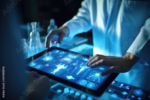 A close - up photo of a medicine doctor in a clinical setting, focused on a tablet in their hands. Generative AI