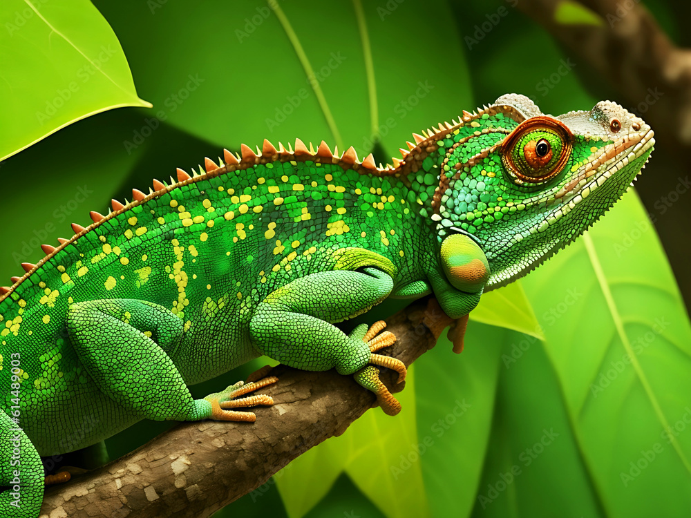 Fototapeta premium Green colored chameleon close up. Generative AI Close up of a Cape Dwarf Chameleon on a Rosemary bush Multicolor photo