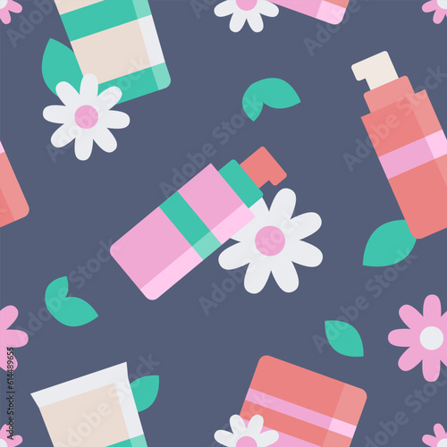 Seamless pattern of makeup and skin care cosmetics in soft colors. A poster with the image of cosmetics among flowers. Vector illustration on a gray background for selling cosmetics.