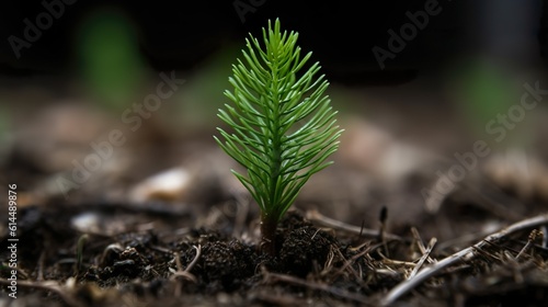 Forest Spruce Sprout. Coniferous tree planted in the ground. Reforestation. Grow a plant on your land. Coniferous nursery for trees. 