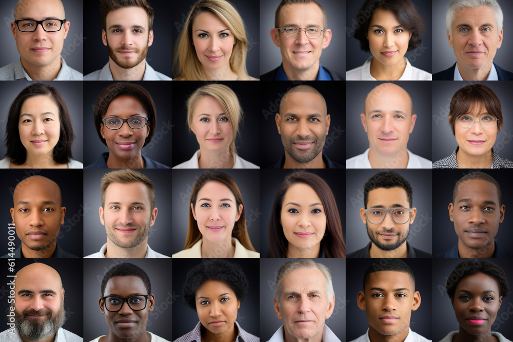 Collage of many multiracial people. Different age and ethnicity headshot portraits. AI Collage of many multiracial people. Different age and ethnicity headshot portraits. AI