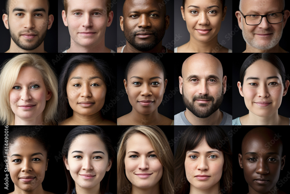 Collage of many multiracial people. Different age and ethnicity headshot portraits. AI