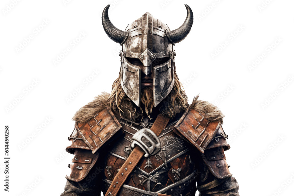 Portrait of medieval Scandinavian or Viking warrior with armor and helmet costume isolated on clear png background, epic fantasy world, with Generative Ai. Portrait of medieval Scandinavian or Viking warrior with armor and helmet costume isolated on clear png background, epic fantasy world, with Generative Ai.