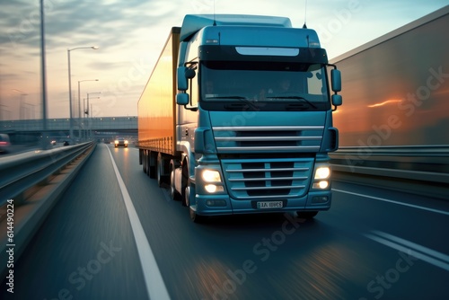 A close - up photo of a modern lorry in motion on a empty highway. Generative AI