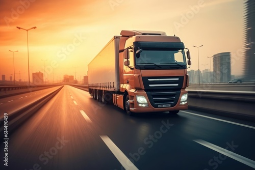 A close - up photo of a modern lorry in motion on a empty highway. Generative AI