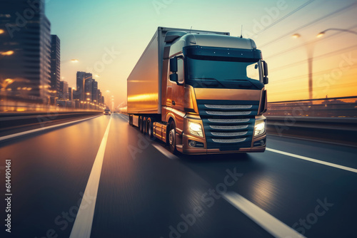 A close - up photo of a modern lorry in motion on a empty highway. Generative AI © Mustafa