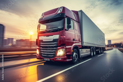 A close - up photo of a modern lorry in motion on a empty highway. Generative AI