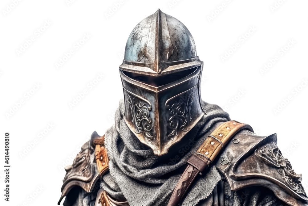 Portrait of medieval Scandinavian or Viking warrior with armor and helmet costume isolated on clear png background, epic fantasy world, with Generative Ai. Portrait of medieval Scandinavian or Viking warrior with armor and helmet costume isolated on clear png background, epic fantasy world, with Generative Ai.