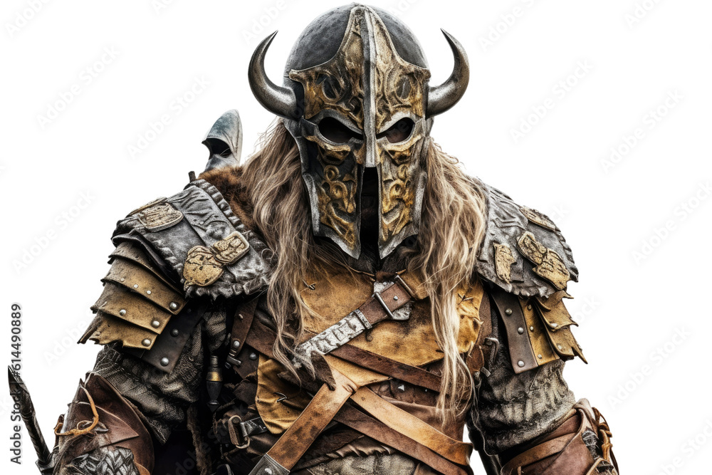 Portrait of medieval Scandinavian or Viking warrior with armor and helmet costume isolated on clear png background, epic fantasy world, with Generative Ai. Portrait of medieval Scandinavian or Viking warrior with armor and helmet costume isolated on clear png background, epic fantasy world, with Generative Ai.