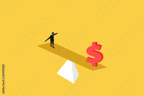 businessman balancing on a seesaw with a dollar sign. concept off financial balance, optimization and Saving budget.