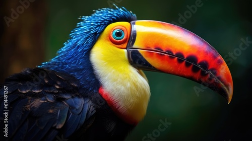 Brightly colored toucan, its vibrant beak and feathers contrasting against the monochrome backdrop. © MADMAT