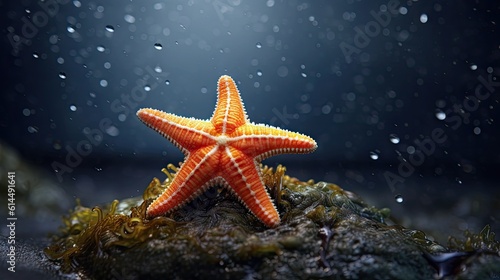 A tight frame showcasing a brilliant orange starfish against a monochrome backdrop. © MADMAT