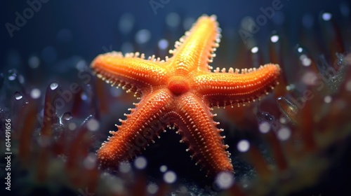 A tight frame showcasing a brilliant orange starfish against a monochrome backdrop. © MADMAT