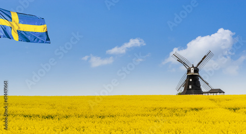 Windmühle in Schweden mit Schwedischer Flagge vor einem Rapsfeld