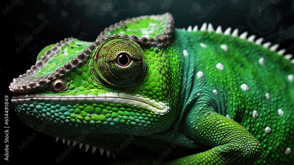 Fototapeta premium Dazzling green chameleon on a monochrome canvas.