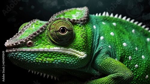Dazzling green chameleon on a monochrome canvas.