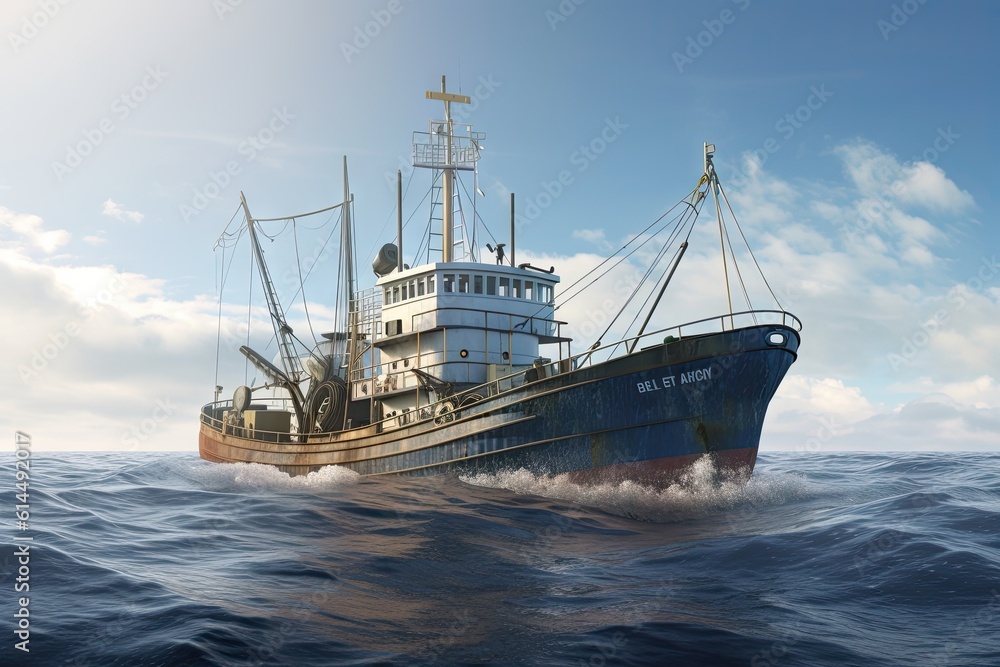 Large Fishing Trawler in the Ocean with Seafood Catch - Background Boat Image