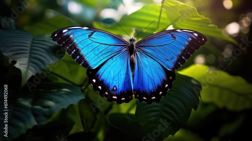 Deep blue morpho butterfly, its magnificent wings shimmering against the monochrome background.