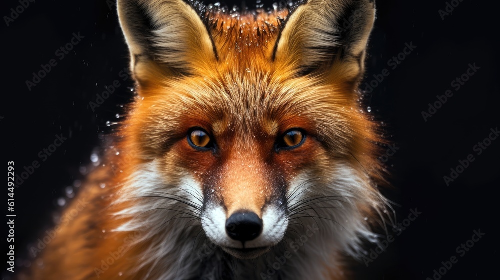 Fototapeta premium Fiery red fox's face against a monochrome backdrop, its intense gaze demanding attention.
