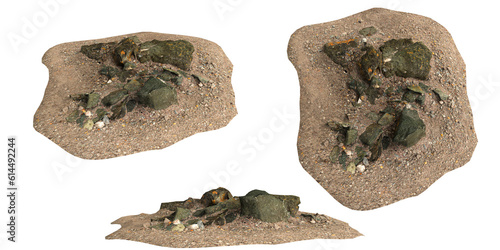 3d illustration of rocks on gravel shelf isolated on transparent background