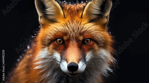 Fiery red fox's face against a monochrome backdrop, its intense gaze demanding attention. © MADMAT