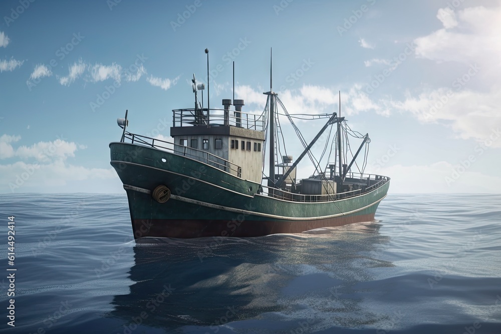 Large Fishing Trawler in the Ocean with Seafood Catch - Background Boat Image Large Fishing Trawler in the Ocean with Seafood Catch - Background Boat Image