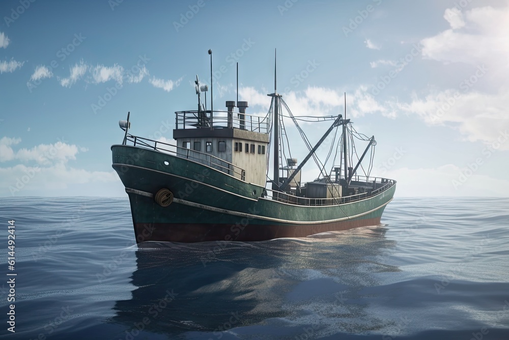 Large Fishing Trawler in the Ocean with Seafood Catch - Background Boat Image