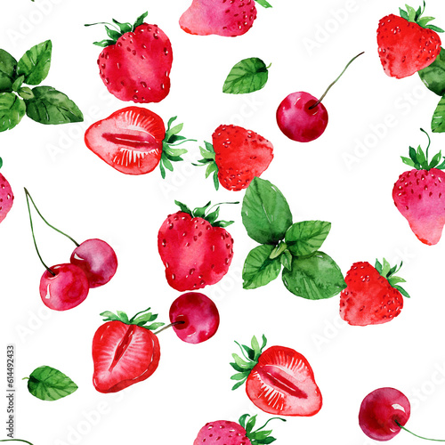 Watercolor ripe strawberries, cherry seamless pattern. Organic sweet, juicy food tile. Hand drawn summer fruit botanical background. Repeatable texture, wrapping paper,wallpaper, fabric, textile