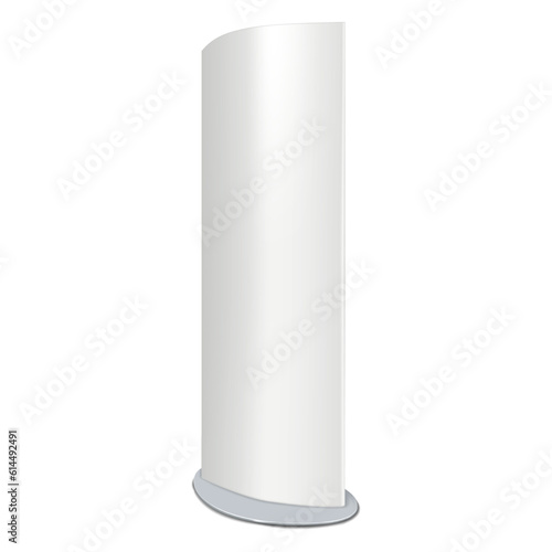 Curved trade show display stand vector mockup. Blank white standee realistic mock-up. Advertising banner template