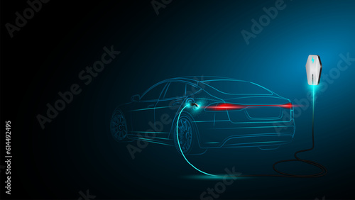 Electric car at charging station. Abstract Electric Power Charger EV Clean Energy Alternative Energy electric charger concept. Electronic vehicle power dock. Vector illustration.
