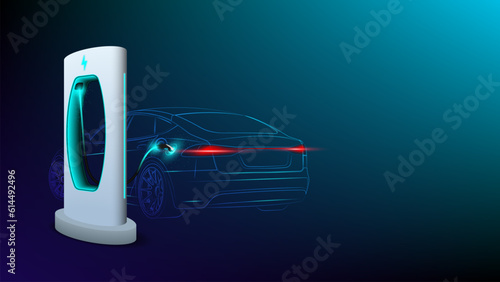 Electric car at charging station. Abstract Electric Power Charger EV Clean Energy Alternative Energy electric charger concept. Electronic vehicle power dock. Vector illustration.