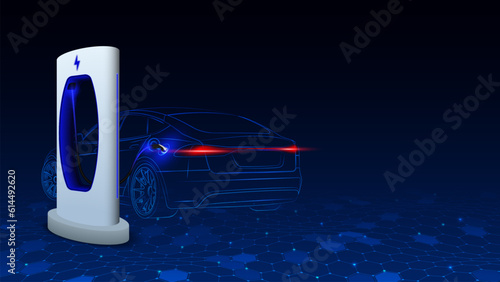 Electric car at charging station. Abstract Electric Power Charger EV Clean Energy Alternative Energy electric charger concept. Electronic vehicle power dock. Vector illustration.