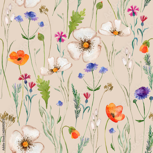 Watercolor delicate wildflowers  green herbs floral seamless pattern. Blooming meadow tile. Hand drawn elegant  botanical background. Repeatable texture  wallpaper  fashion  fabric  textile