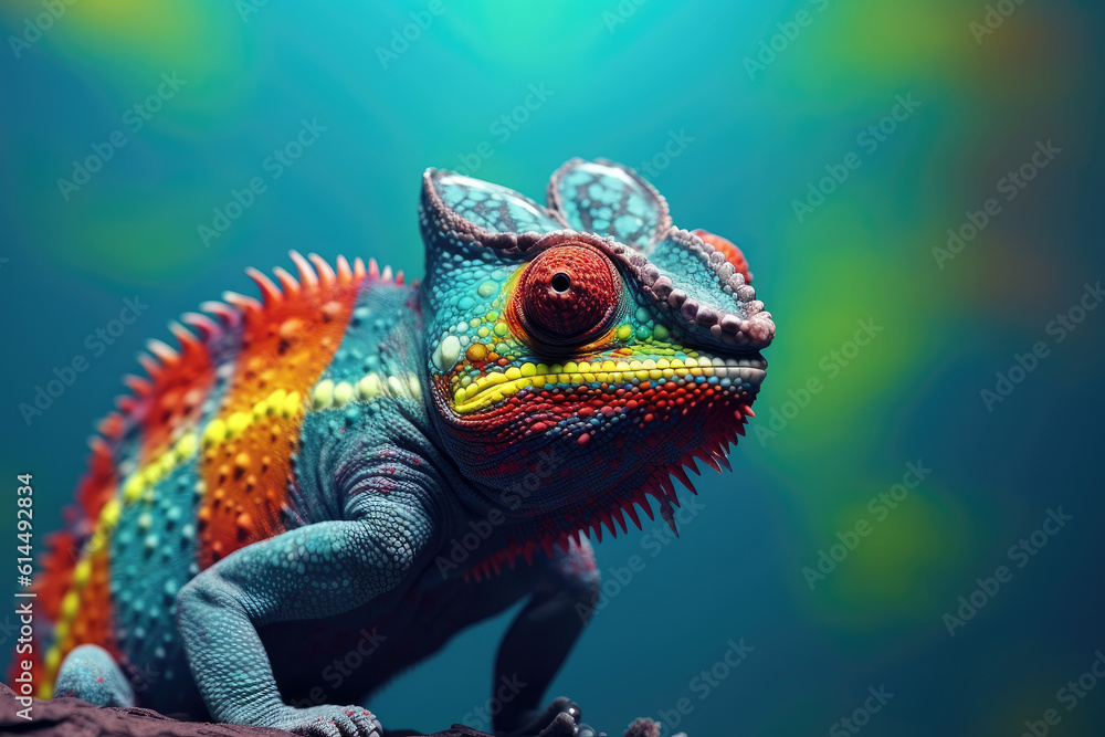 Fototapeta premium Abstract of lizard chameleon portrait with multi colored colorful on skin body and scales paint, reptile animal, Vibrant bright gradients background, with Generative AI.