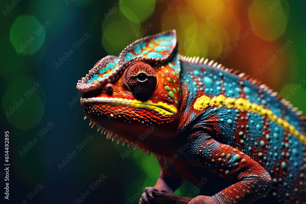 Obraz premium Abstract of lizard chameleon portrait with multi colored colorful on skin body and scales paint, reptile animal, Vibrant bright gradients background, with Generative AI.