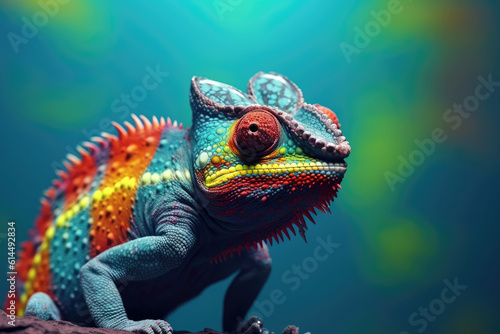 Abstract of lizard chameleon portrait with multi colored colorful on skin body and scales paint, reptile animal, Vibrant bright gradients background, with Generative AI. © TANATPON